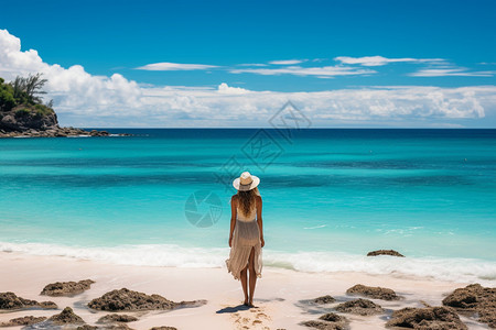 海滩女人的背影背景图片