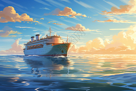 客船午后海洋中的轮船插画