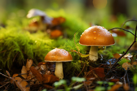 森林食品青苔覆盖下的蘑菇背景