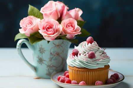 新鲜烘焙的奶油玫瑰纸杯蛋糕图片