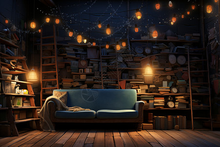 夜晚梦幻的小屋背景图片