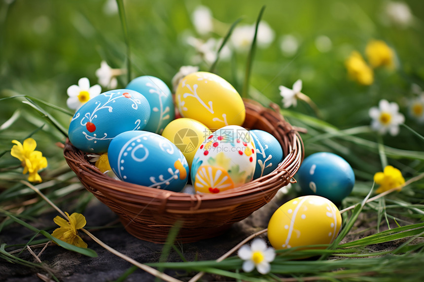 草地中庆祝复活节的彩蛋图片