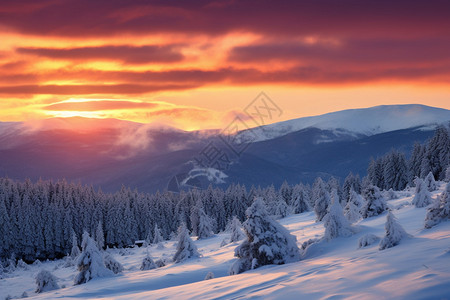 冬季落日夕阳下的冬季山林景观背景