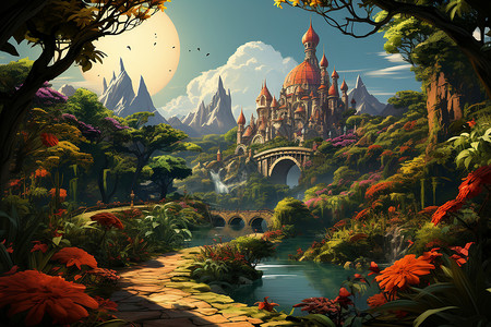 神秘的森林城堡背景图片