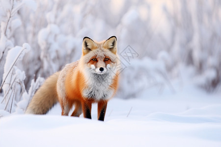 狡猾冬季雪地中的红狐狸背景