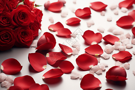 散落白色花瓣桌面上浪漫的玫瑰花瓣背景