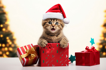 圣诞礼物旁乖巧的小猫背景图片