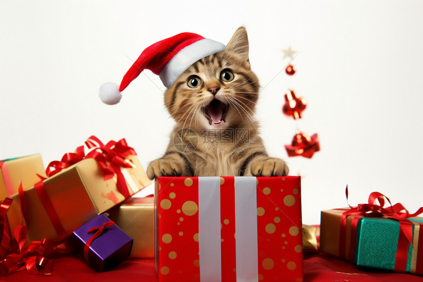 圣诞节的猫咪惊喜礼物图片