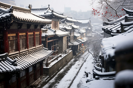 冬天村庄的雪景背景图片