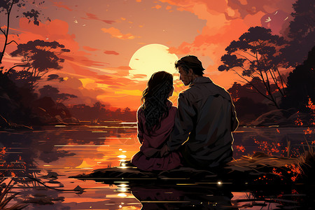 夕阳湖畔的情侣图片