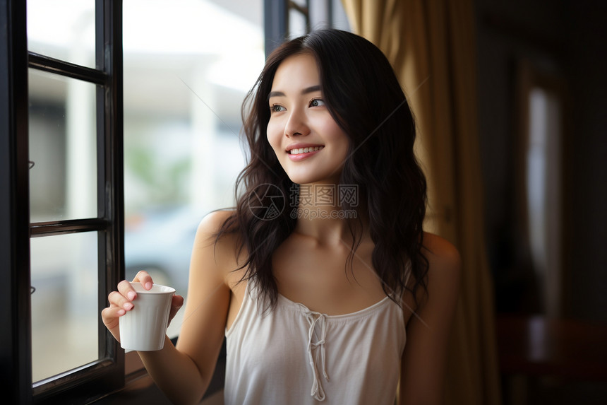 窗前喝茶的女人图片
