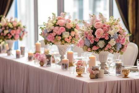 浪漫花艺布置的婚礼宴会厅图片素材