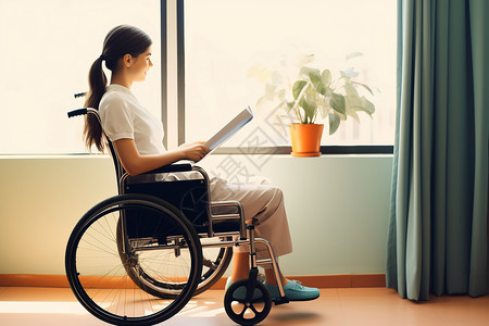 医院病房轮椅上的女性病人图片