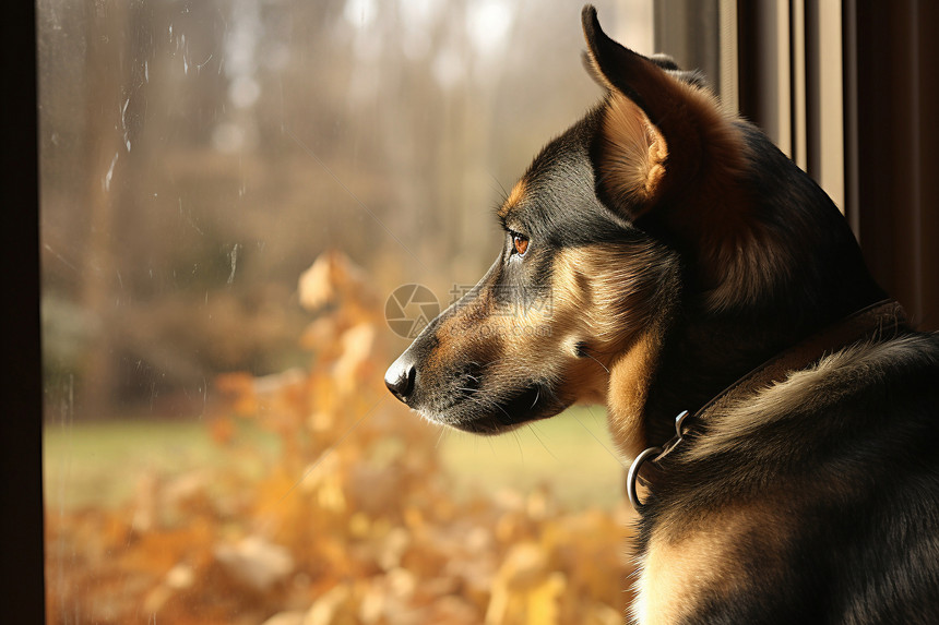 窗外独坐的牧羊犬图片