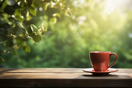 林中木质桌面上的咖啡背景图片