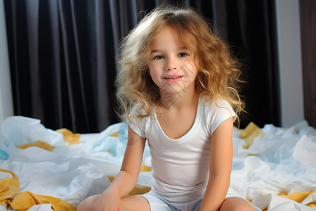 卧室床上的小女孩背景图片