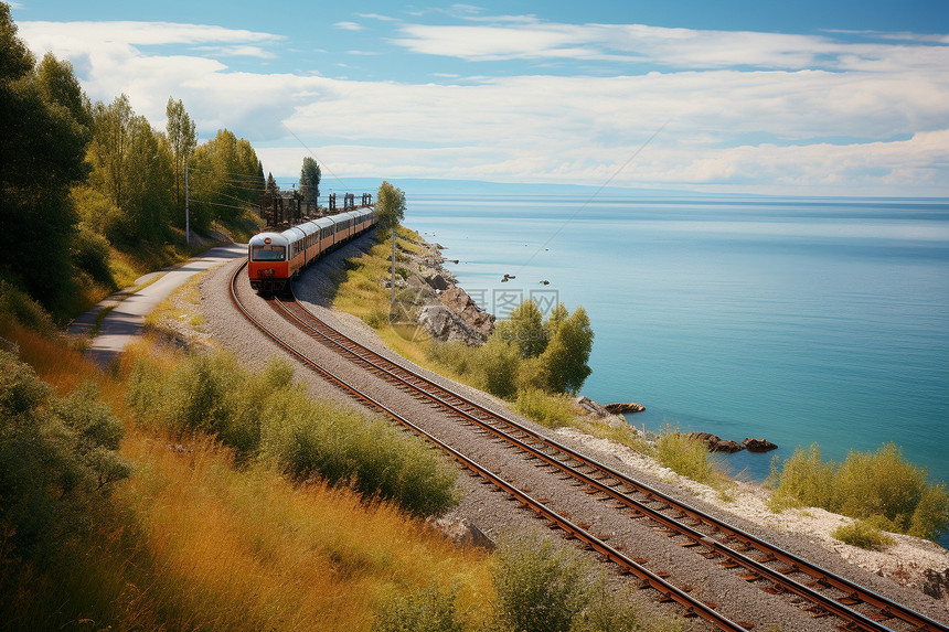 湖泊旁的铁路运输轨道图片