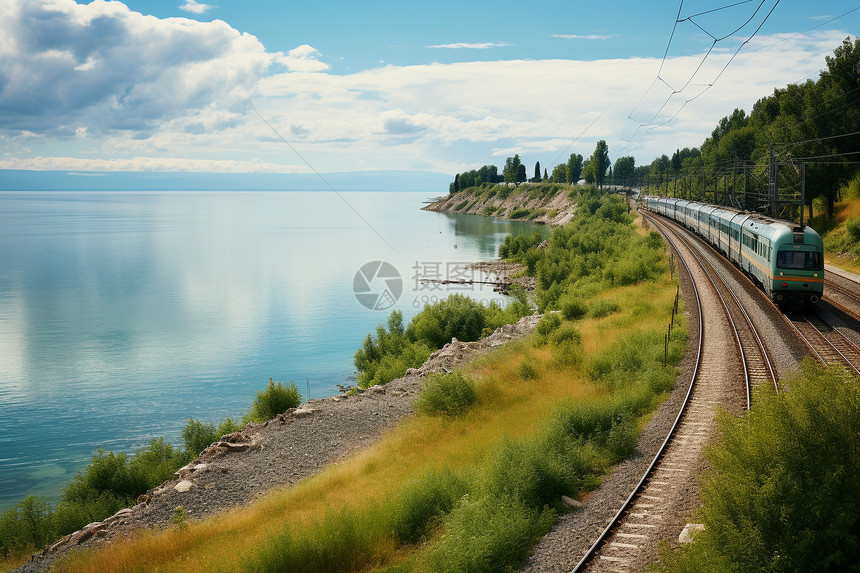 湖光山色中的铁路轨道图片