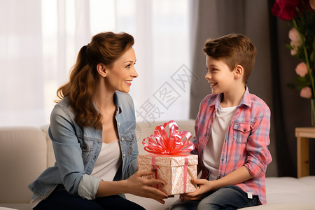 送母亲礼物的男孩背景图片