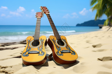沙滩上的吉他背景图片
