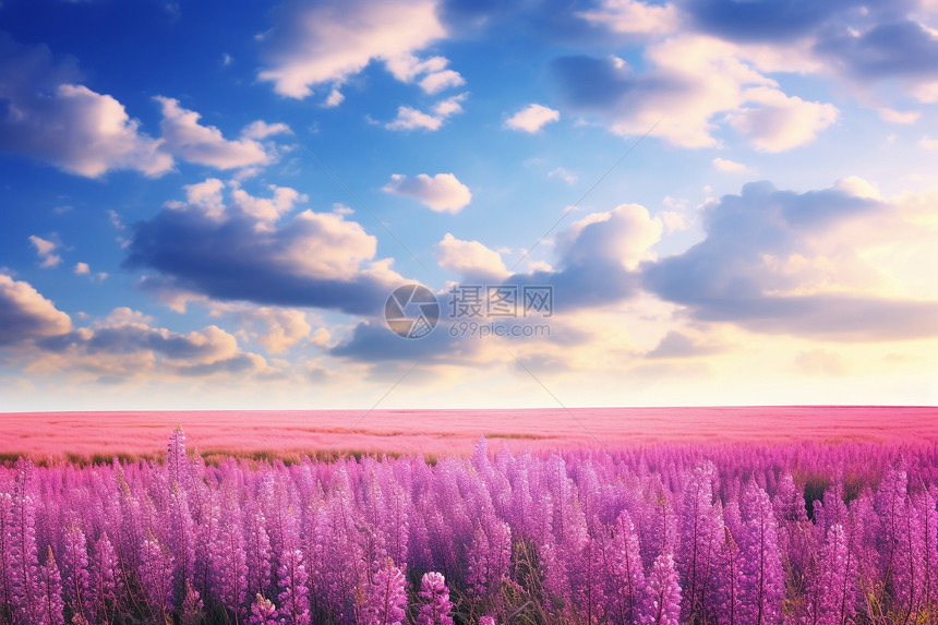 紫色花海下的云朵图片