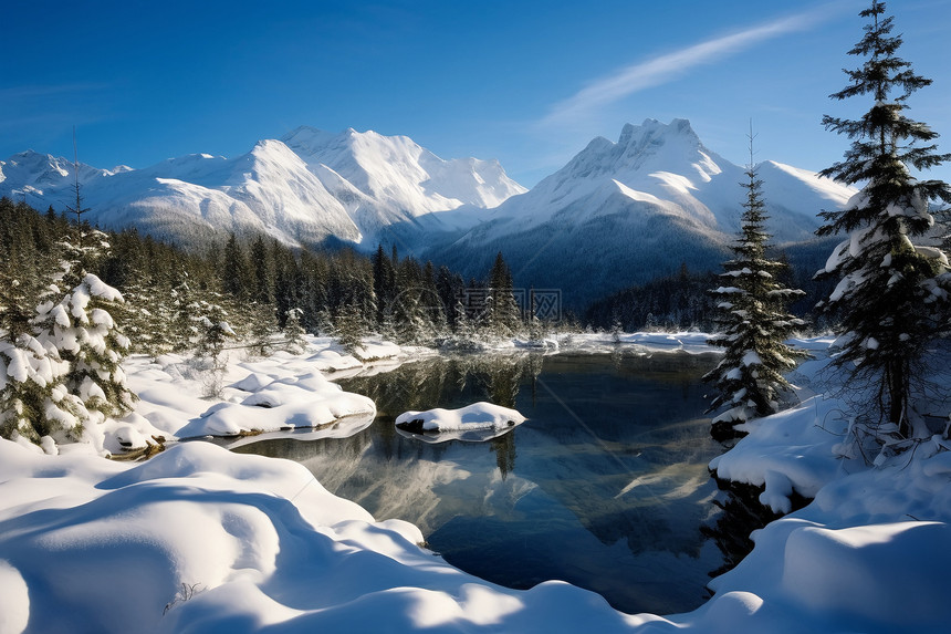 白雪皑皑的山林与湖泊图片