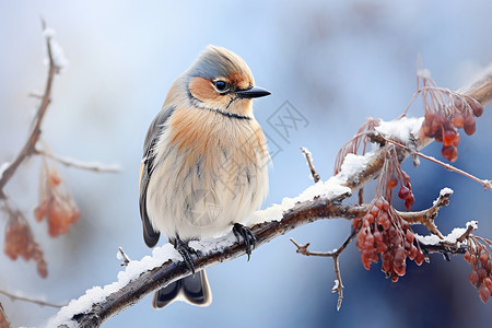 树枝上的雪一只小鸟站在树枝上背景