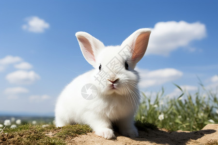 天空下一只可爱的兔子毛绒绒高清图片素材
