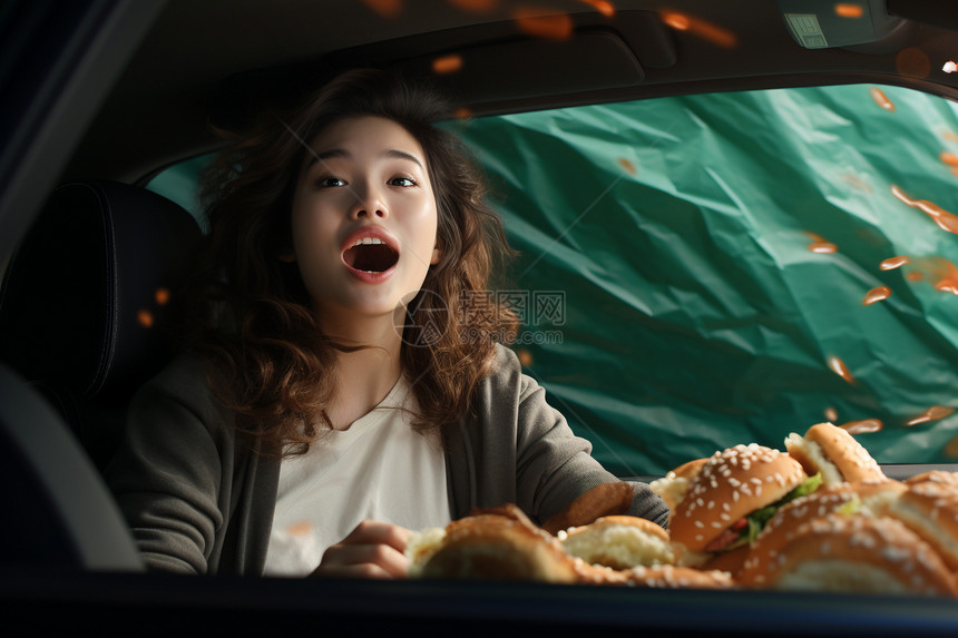 汽车里品尝食物的女子图片