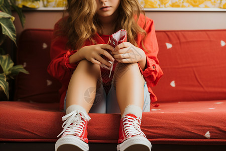 沙发上红色布鞋的女孩背景图片