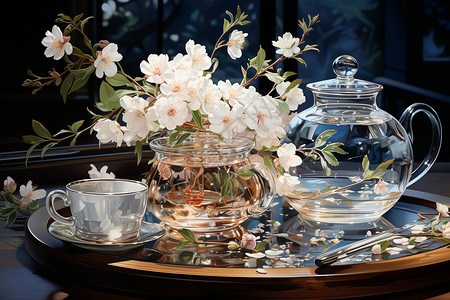 鲜花旁的茶具背景图片