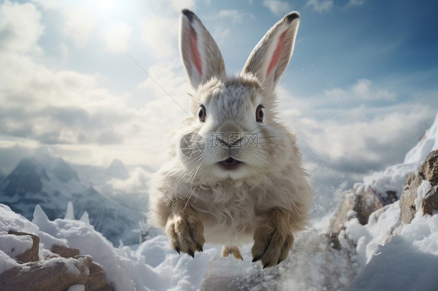 雪山背景的兔子图片