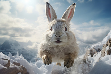 雪山背景的兔子自然高清图片素材