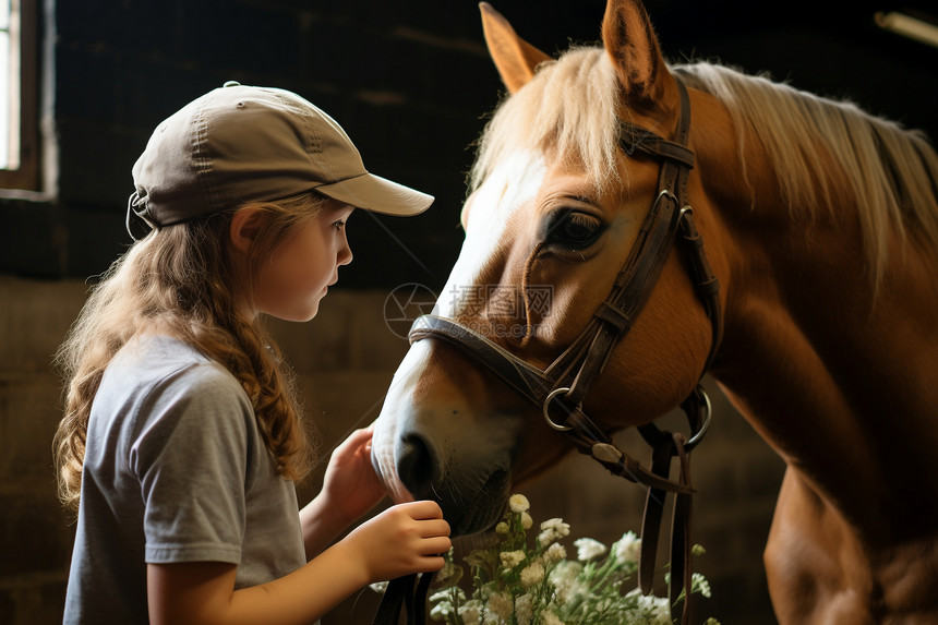 马匹旁可爱的小女孩图片