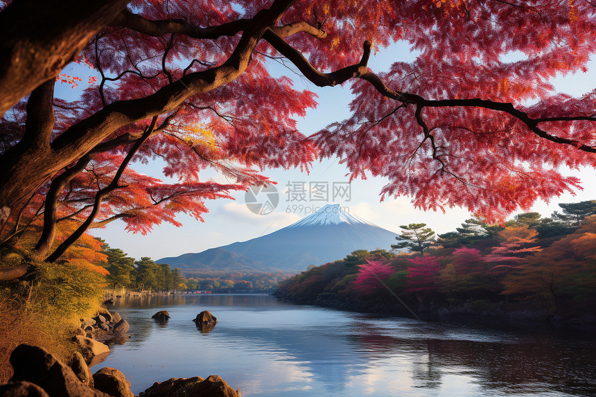 樱花下的富士山图片