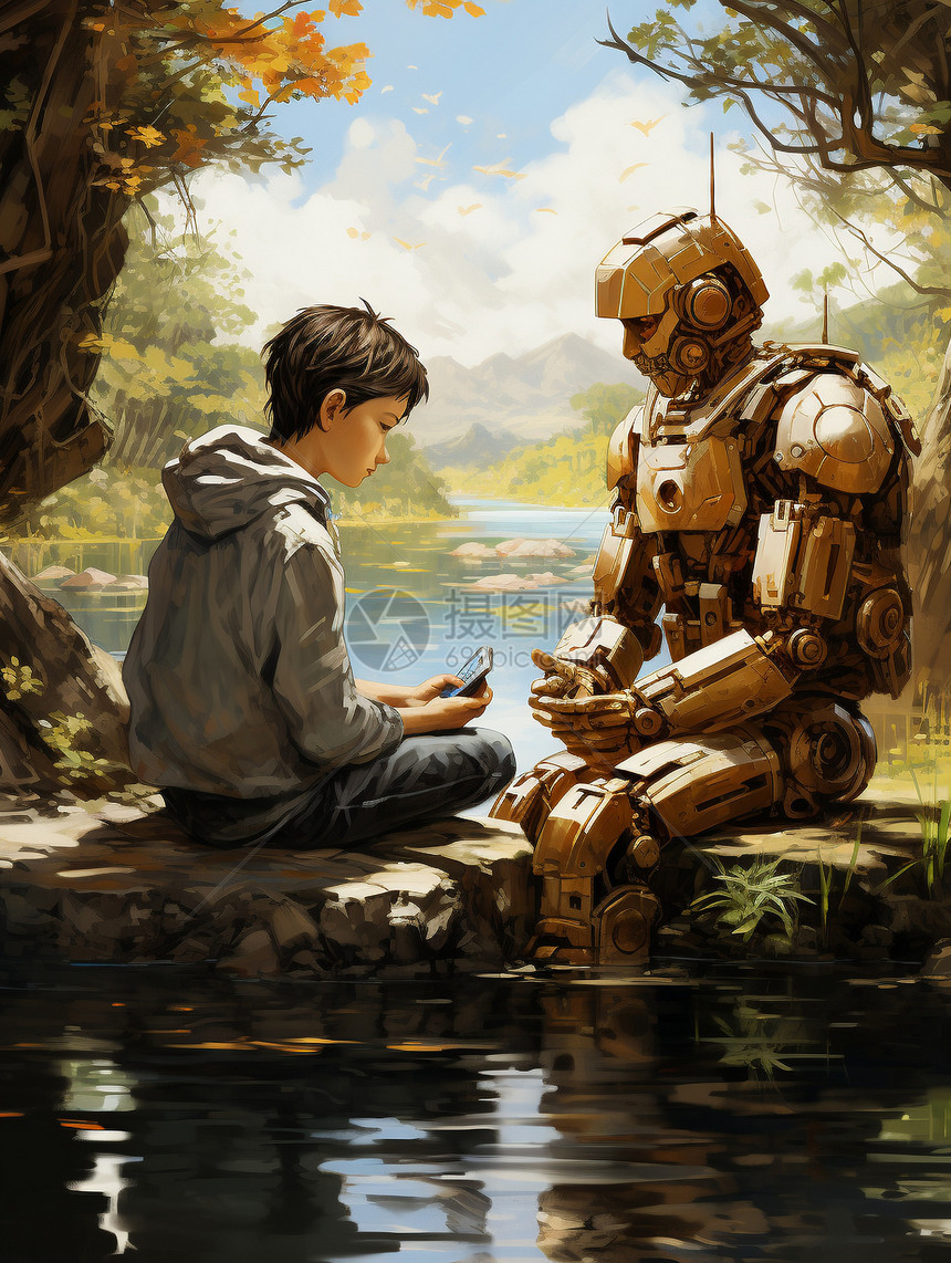 男孩与机器人交流图片