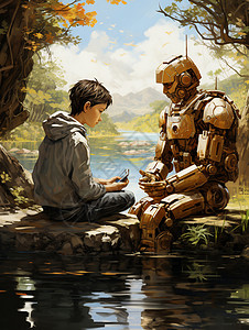 男孩与机器人交流图片