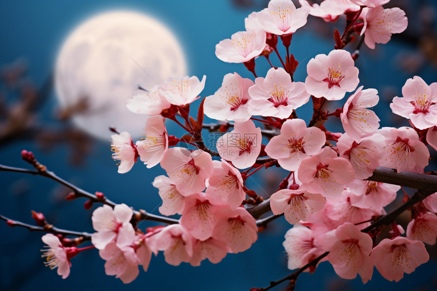 月夜下盛开的樱花图片