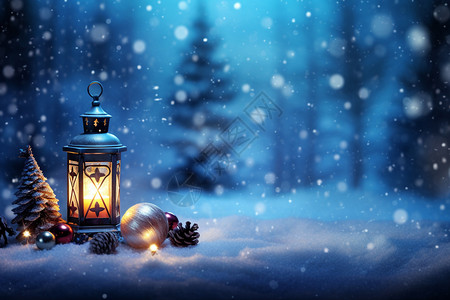 雪中灯光夜晚雪地中的圣诞节装饰设计图片