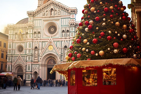 欧式教堂旁的圣诞树高清图片