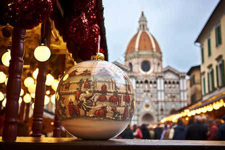 欧洲街道上的圣诞球装饰品背景图片