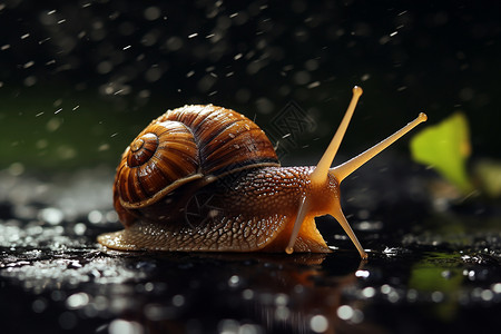 可爱的蜗牛在雨中爬行背景图片