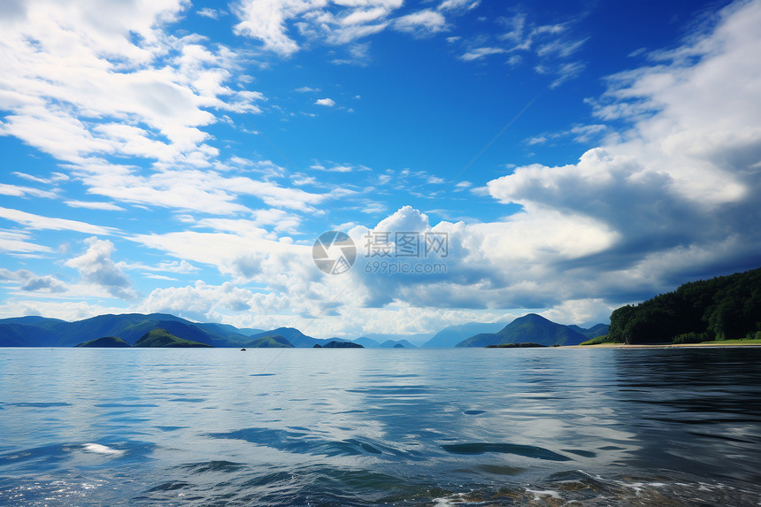 湛蓝天空倒映在湖面上图片