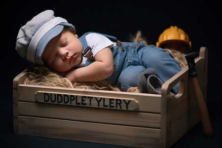 带着帽子的宝宝在木箱里睡觉背景图片
