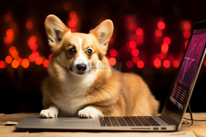 笔记本电脑旁的柯基犬图片