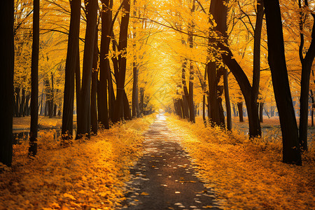 秋日林间黄叶小径图片