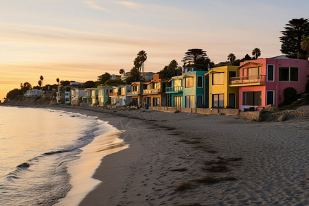 五颜六色的楼房夕阳下海滩边一排房屋背景
