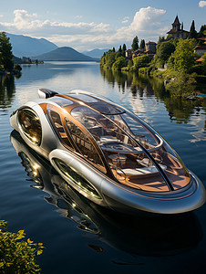 奢华游艇湖上漂浮的氢燃料电池船插画