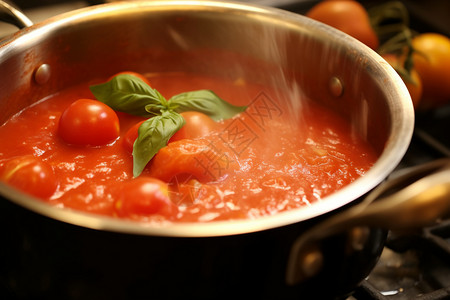 锅里意大利面一锅鲜红的番茄酱背景