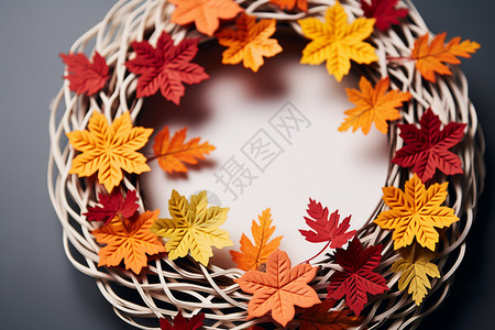 剪纸篮子秋天手工制作的叶子花环插画